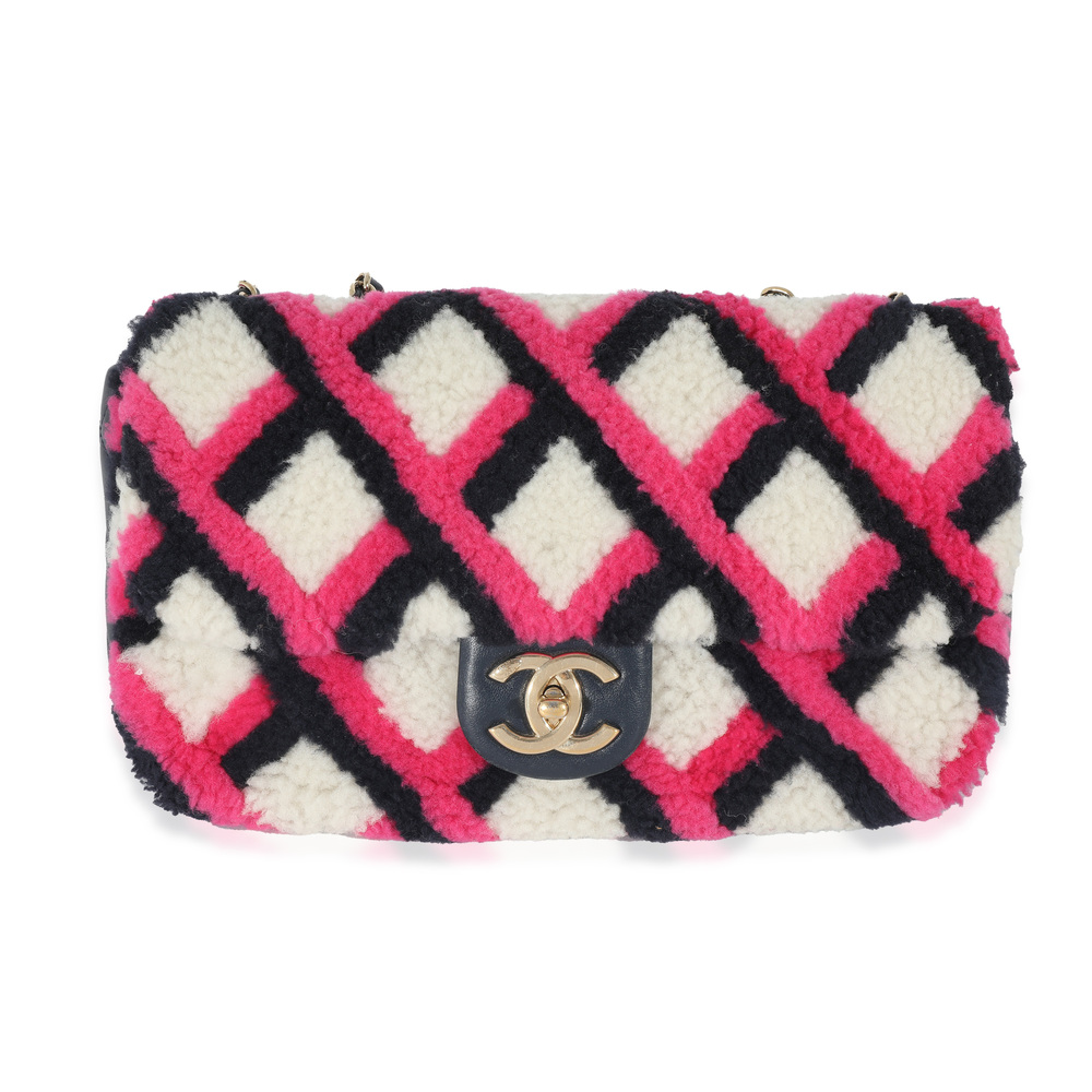 Chanel Fuchsia Navy White Shearling Lambskin Emoticon Single Flap Bag